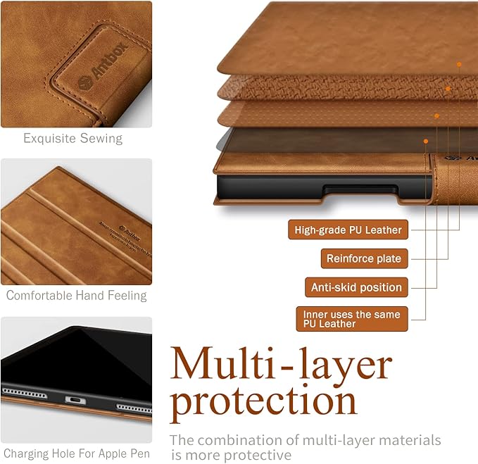 Antbox Case for iPad Air 11-inch M3 (2025) / M2 (2024), iPad Air 5th/4th Generation 10.9'' Vegan Leather with Pencil Holder Typing Angle Auto Sleep/Wake Muti-Stand
