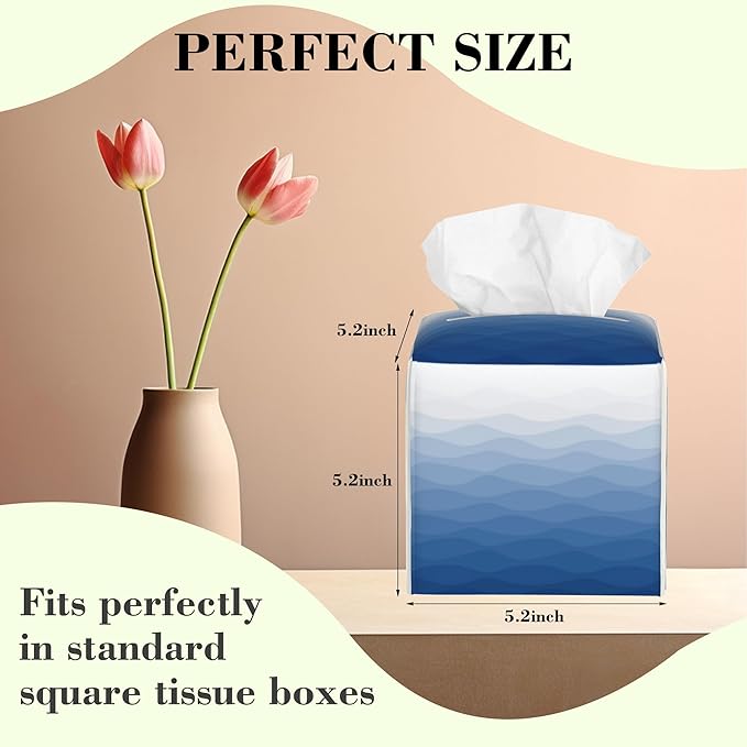 Blue Grey Ombre Striped Tissue Box Cover Square Leather Tissue Holder Waterproof Facial Paper Organizer Dispenser Cube Paper Cover Case for Home Office Bathroom Vanity Countertop