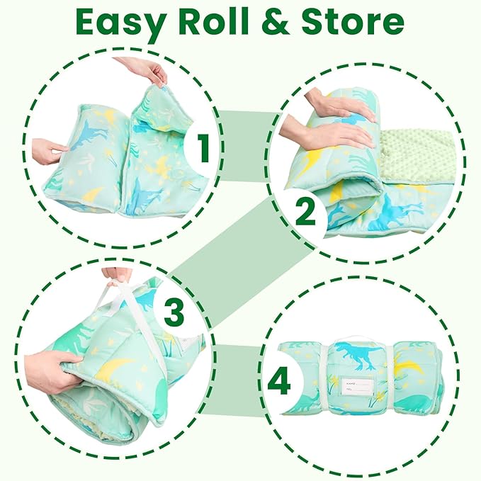 Beavtaens Toddler Nap Mat with Pillow and Minky Blanket, Large 55"x35" Sleeping Bag, Washable, Lightweight, Easy to Roll, Perfect for Preschool, Daycare, Kindergarten, Travel, Boys and Girls(Dinosaur)