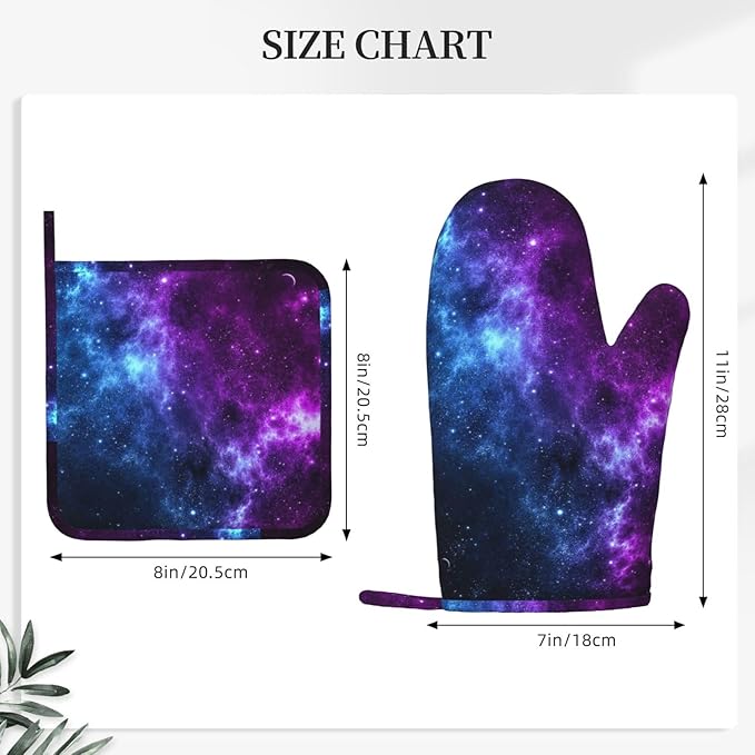 Galaxy Oven Mitts and Pot Holders Set of 4 Silicone Blue and Purple Galaxy Kitchen Mitten Gloves and Non-Slip Universe Theme Potholders Set Heat Resistant Oven Gloves Hot Holders for Kitchen