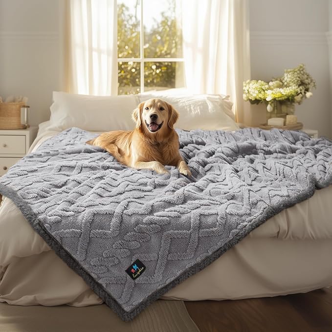 Luciphia Waterproof Pet Blanket, Liquid Pee Proof Dog Blanket for Sofa Bed Couch, Reversible Sherpa Fleece Furniture Protector Cover for Small Medium Large Dogs Cats, Light Grey King Size（90" x 82"）