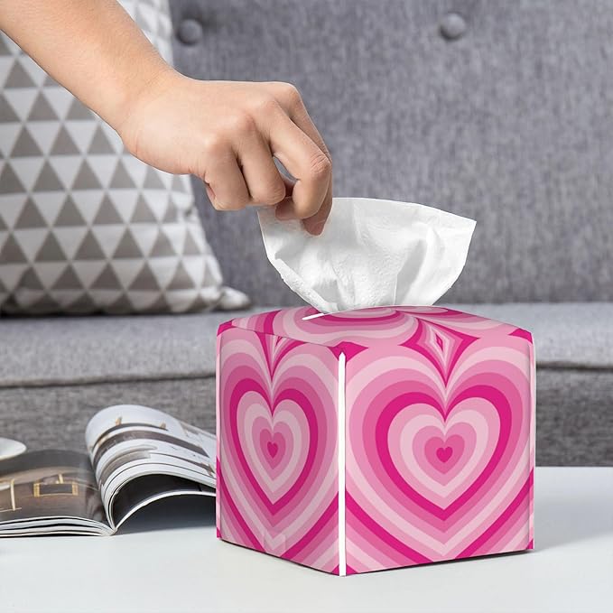 POIUBLE Tissue Box Holder Pink Heart Tissue Box Cover Square Leather Tissue Holder Organizer Portable Decorative Facial Paper Case for Home Office Bathroom Vanity Countertop