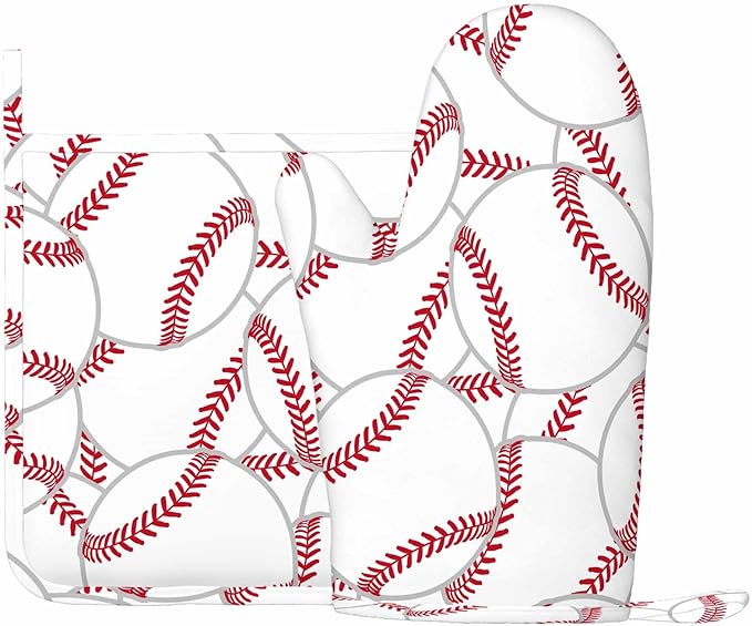 Mxocom Baseball Oven Mitts and Pot Holders Sets Tennis Ball Silicone Heat Resistant Kitchen Oven Gloves Pot Holder for Cooking