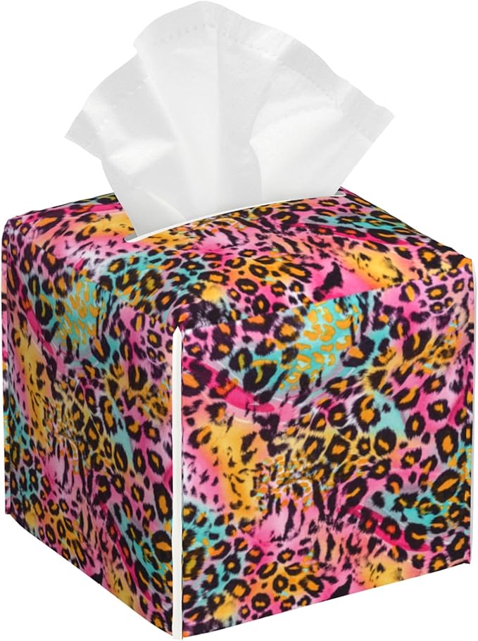 POIUBLE Rainbow Colored Leopard Tissue Box Cover Leather Tissue Box Holder Square Facial Paper Organizer Dispenser for Bathroom Kitchen Bedroom Vanity Countertop Night Stands