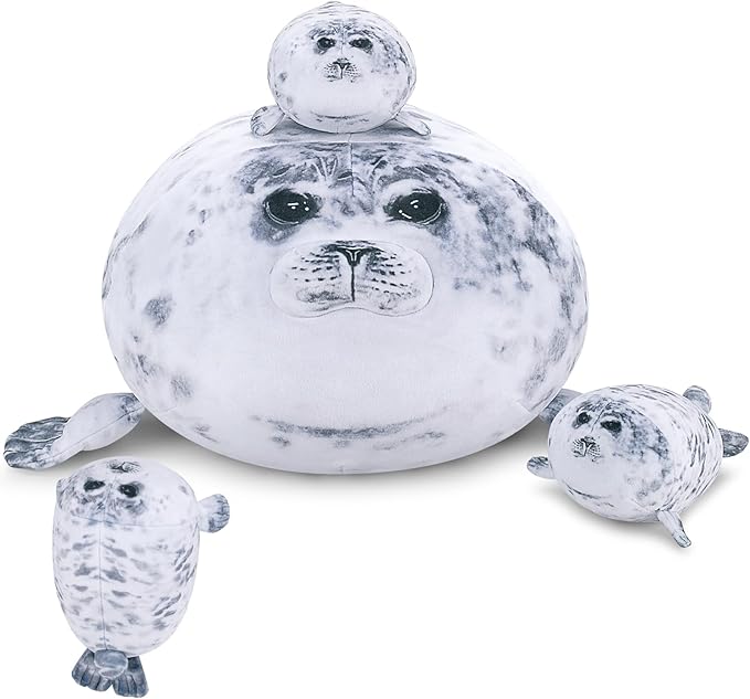 Achwishap 19.6” Seal Stuffed Animal Mommy with 3 Seal Baby Plush Toy,4pcs Seal Plush Pillow,Cute Plushie Seals Hugging Pillow Cuddle Plushie for Kids Girls Boys Birthday Gifts(Seals Family)