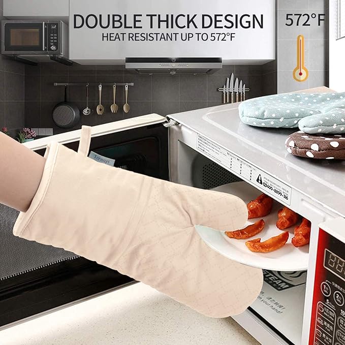4Pcs Oven Mitts and Pot Holders Set, 572F Heat Resistant Oven Glove, Soft Cotton Lining with Non-Slip Surface for Kitchen Baking BBQ (Apricot)