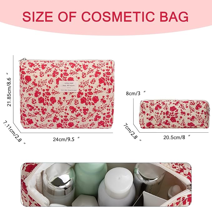 Gosect 2PC Makeup Bag Set, Cute Cosmetic Bag for Women Girls, Floral Coquette Aesthetic Toiletry Bag, Travel Make Up Organizer Bag (Beverly)