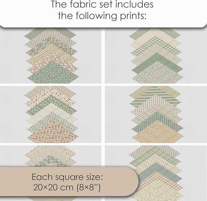 Cotton Satin Patchwork Fabric Panel – 35 Designs, 20×20 cm Squares, Single Piece 150×110 cm, Sage Green & Beige Patchwork Quilt Fabric (Meadow Breeze Patchwork Set, 35pcs 8x8 inch)