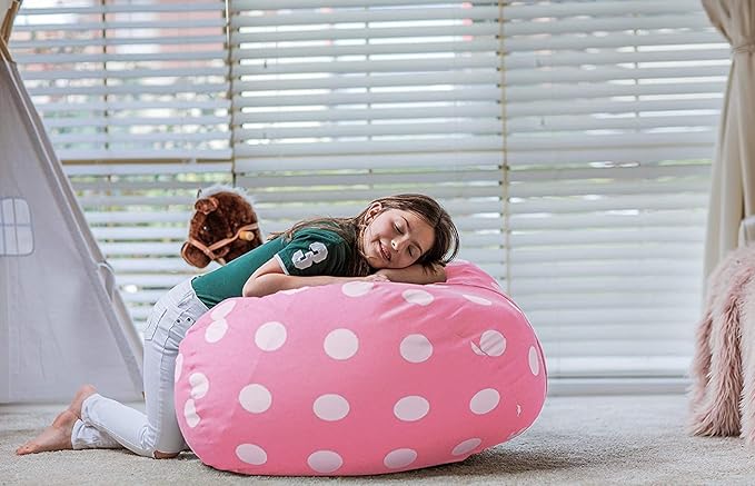 WEKAPO Stuffed Animal Storage Bean Bag Chair Cover for Kids | Stuffable Zipper Beanbag for Organizing Children Plush Toys Large Premium Cotton Canvas (Pink Dot, XX-Large)
