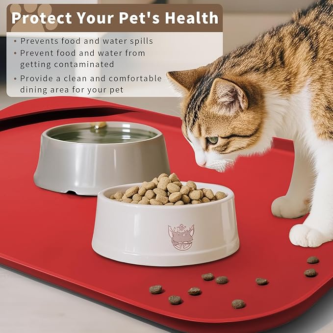 Smilool Silicone Pet Food Mat with Raised Edge for Food and Water Bowl, Dog Feeding Mats, Cat Food Trays for Floor Waterproof, Rubber Tray for Dogs and Cats, 24 x 16 x 0.8 Red