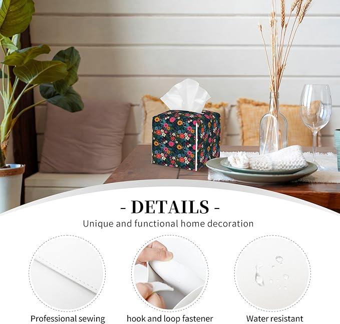 POIUBLE Colorful Flowers and Leaves Tissue Box Cover Leather Tissue Box Holder Square Facial Paper Organizer Dispenser for Bathroom Kitchen Bedroom Vanity Countertop Night Stands