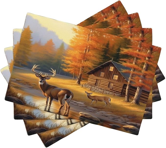 Rustic Deer Placemats, Natural Vintage Old Oil Painting Style Forest Lodge Hunting Elk Wildlife Print Washable Fabric Placemats Table Kitchen Dining Party 12x18 Inch Set of 6