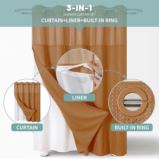 eachope BurntOrange No Hook Waffle Weave Shower Curtain with snap-in Liner Replacement, 230GSM Waterproof Fabric Hotel Shower Curtain Set for Bathroom, Through Mesh Top Window,71Wx74H