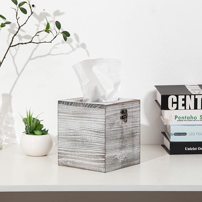Distressed Farmhouse Square Solid Wood Tissue Box Cover with Slide-Out Bottom Panel Honey Brown Tissue Box Holder for Bathroom Living Room Dining Room Bedroom Toilet (Grey White)