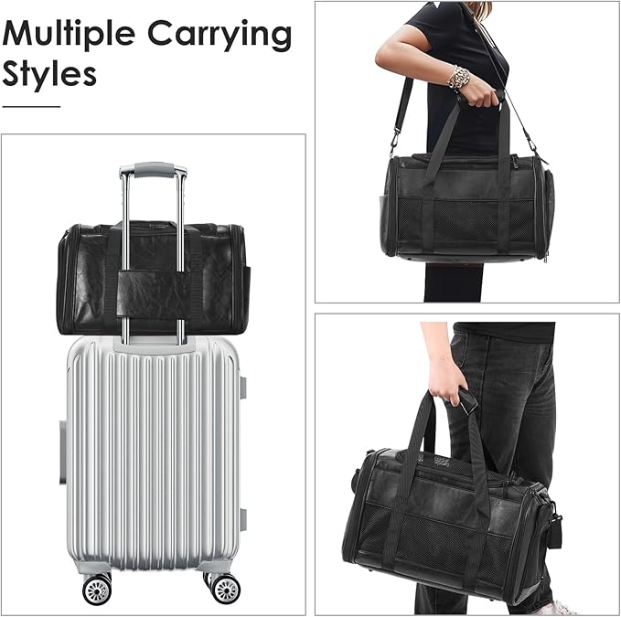 Monanller Fashion Leather Dog Carrier, Airline Approved Cat Carrier Soft Sided Pet Bag Carrier Purse for Puppy Kitten Small Animals Black