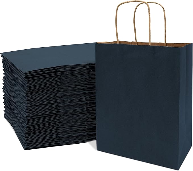 Prime Line Packaging Paper Gift Bags, Navy Blue Gift Bags Small with Handles, Shopping Bags for Business, Goodies, Party Favor, Welcome, Graduation, Bulk, 8x4x10, 100 Pack