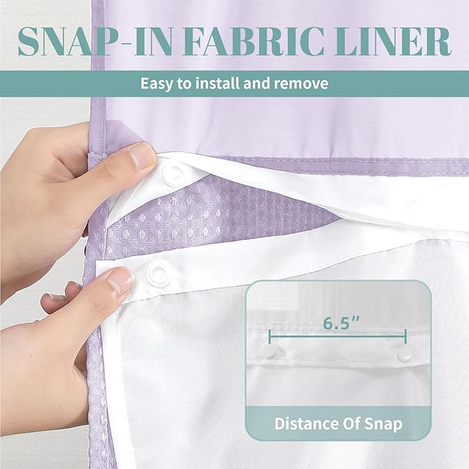 eachope Lavender Extra Long No Hook Waffle Weave Shower Curtain with snap-in Liner Replacement, 230GSM Waterproof Fabric Hotel Shower Curtain Set for Bathroom, Through Mesh Top Window,71Wx86H