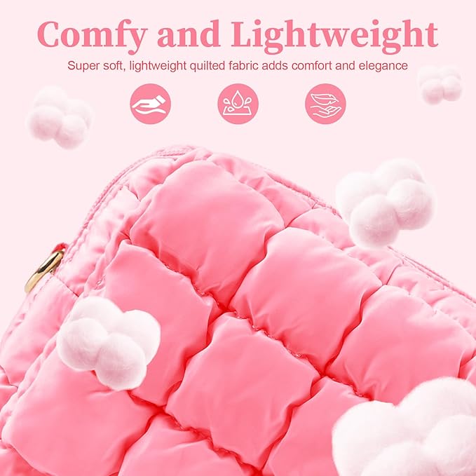 Puffer Quilted Makeup Bag Cosmetic Bags,Puffy Travel Toiletry Pouch for Women,Cute Checkered Zipper Bag Travel Essential,Portable Aesthetic Make up Organizer Bag for Gifts Work Daily(Pink,M)