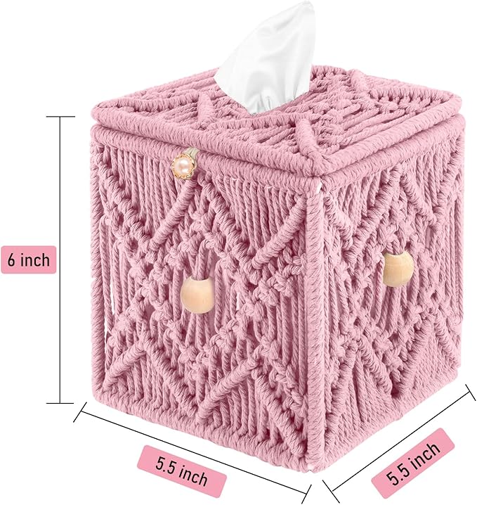 KaloKalo Handmade Tissue Box Cover Decorative Macrame Boho Square Tissue Holder Cotton Rope Woven Napkin Facial Paper Organizer Bohemian Desk Storage Container with Buckle Wood Beads (Pink)