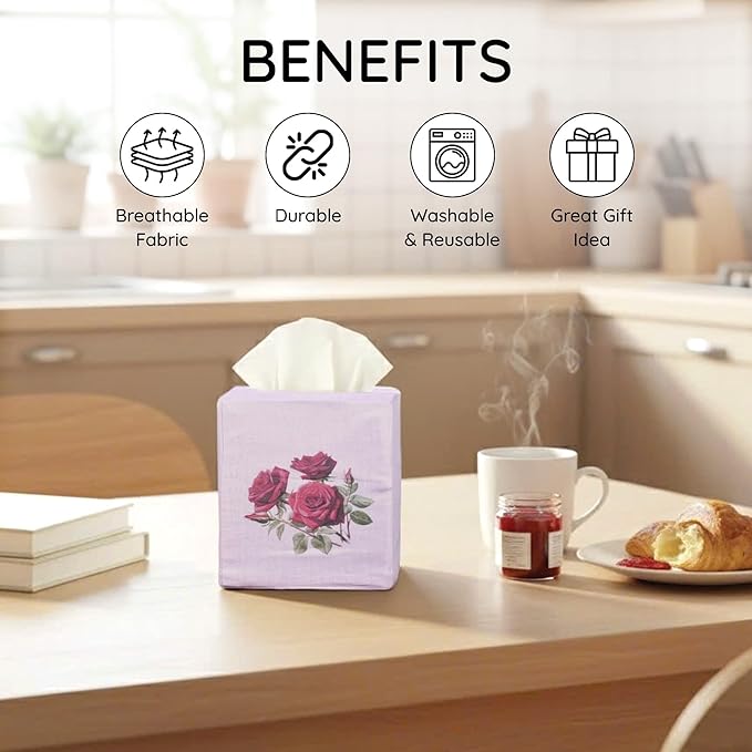 EmbroideryLinen.VN Tissue Box Cover Set of 2, Square Linen Tissue Holder, Printed Floral Design, 4.5x4.5x5.5 Inches, Decorative Holder for Bathroom, Living Room, Office (Rose)