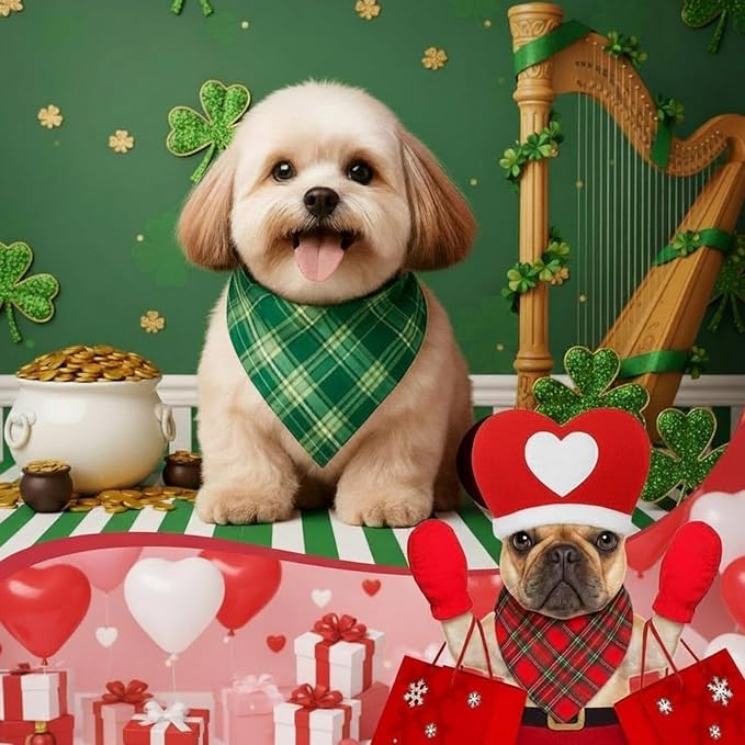 Abbylike 50 Pcs Valentine's & St. Patrick's Day Dog Bandanas Bulk Red & Green Plaid Bandanas for Dogs Triangle Kerchief Bib Scarf for Pet Holiday Costume Photo Props Accessories (19.7 x 13.8 x 13.8)