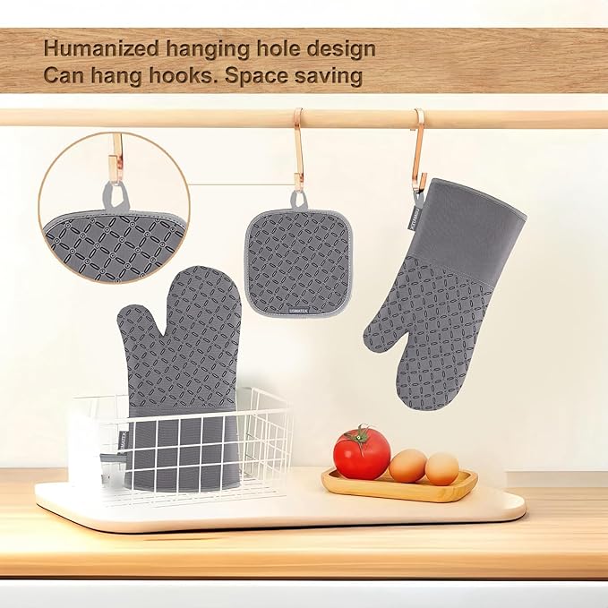 Oven Mitts and Pot Holders Set – 6 PCS Heat Resistant to 500°F, Extra Long Silicone Oven Gloves & Potholders with Non-Slip Grip, Quilted Cotton Lining, Washable, for Cooking, Baking, BBQ (Grey)
