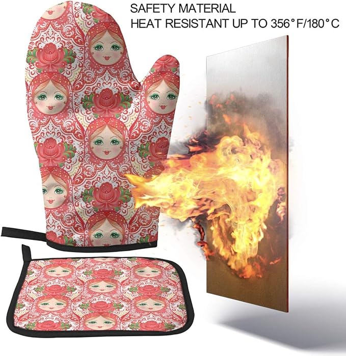 Traditional Russian Nesting Doll with Flowers Oven Mitts and Pot Holders Insulated Gloves & Kitchen Counter Safe Mats for Cooking BBQ Baking Grilling (2-Piece Set)