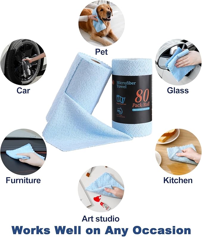 Tigona 80 Pack Microfiber Cleaning Cloth Roll Reusable Paper Towels 12"x12" Tear Away Cloth,Absorbent Dish Rags for House Kitchen,Wash Cloths,Lint Free Rags for Window Cars Cleaning Supplies