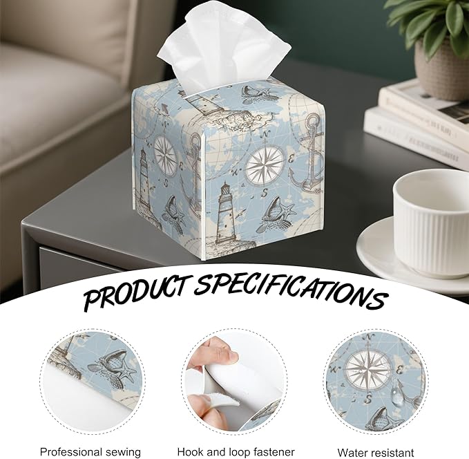 Compass Sea Map Tissue Box Cover Square,Seashells Tissue Box Holder with Belt Bottom,Stylish Leather Napkin Holder for Vanity Countertop,Nightstands,Office Desk,5.2"×5.2"×5.2"