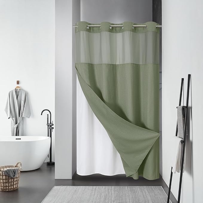 eachope Stall SageGreen No Hook Waffle Weave Shower Curtain with snap-in Liner Replacement, 230GSM Waterproof Fabric Hotel Shower Curtain Set for Bathroom, Through Mesh Top Window,54Wx80H