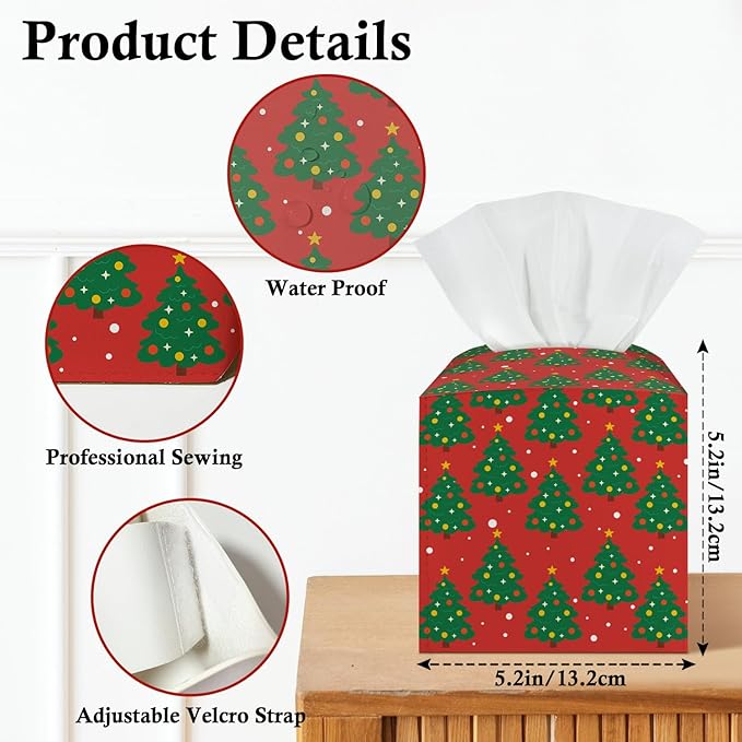 Christmas Trees Tissue Box Cover, Leather Tissue Holders Decorative for Home Office Kitchen Bathroom Organizer, Square Facial Paper Organizer Christmas Table Decor -034