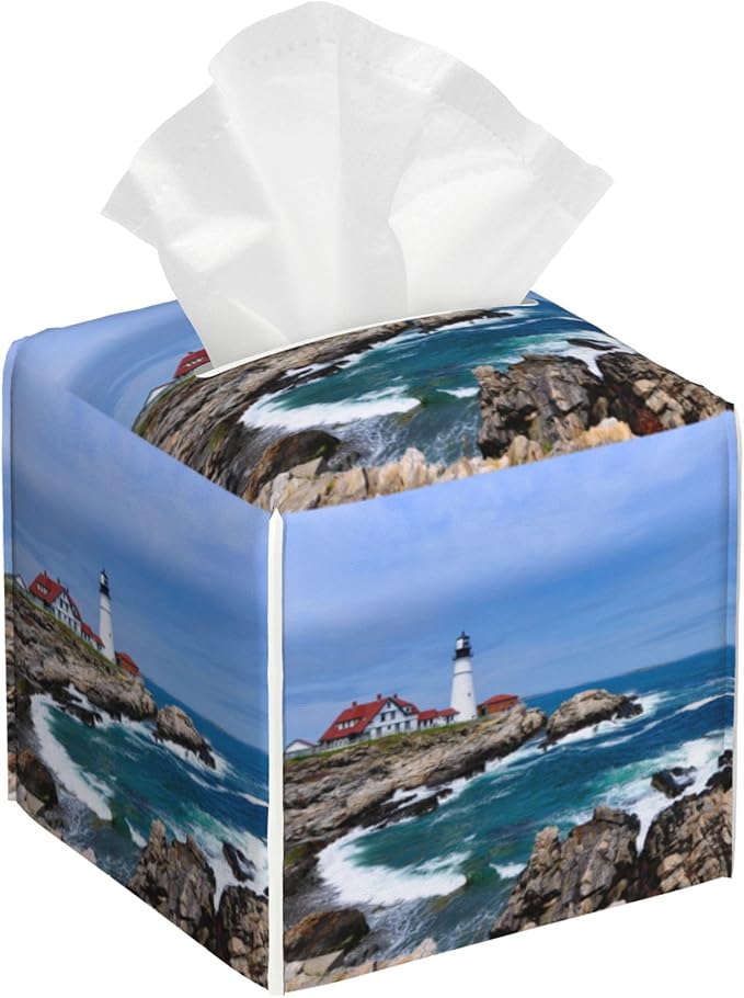 BLYKVGHQ Leather Tissue Box Holder Seaside Lighthouse Tissue Box Cover Facial Paper Case Organizer Cube Napkin Dispenser for Bathroom Vanity Countertop Night Stand Office Car