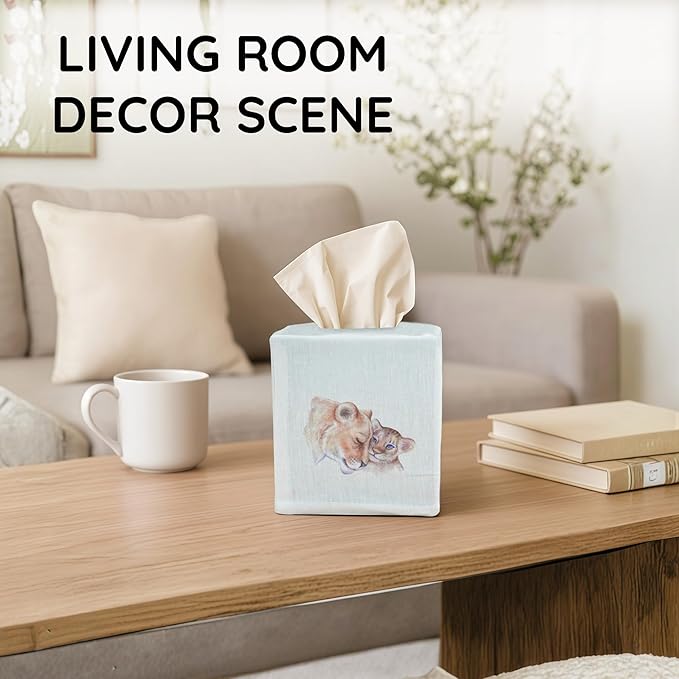 EmbroideryLinen.VN Tissue Box Cover Set of 2, Square Linen Tissue Holder, Printed Animal Pattern, 4.5x4.5x5.5 Inches, Decorative Holder for Bathroom, Living Room, Office (Lion Love)
