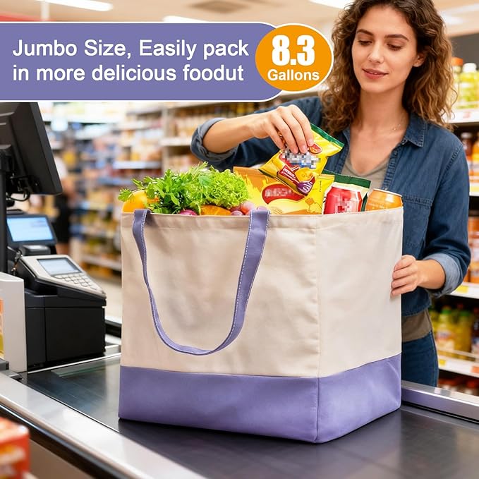 CNaiyunpin Reusable Grocery Bags Heavy Duty, 8.3 gal Foldable Large Canvas Tote Bag with Handles, Holds 60 lbs Canvas Shopping Bags, 1 Pack（Off White+Light purple）
