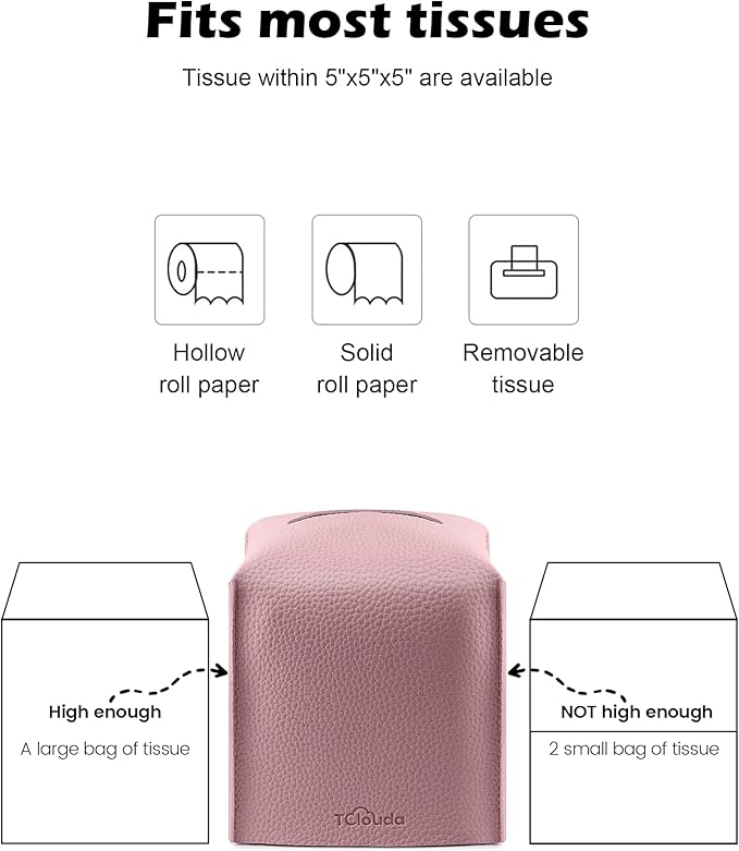 Tclouda Tissue Box Cover for PU Leather, Modern Simple Solid Color Holder Square Tissue Bag, Ideal for Bathrooms,Office,Car,Nightstand,Outdoor Tent,Dining Table,5"X5"X5", Double Pink