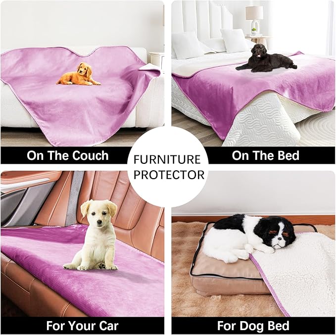 Bigbeer Waterproof Dog Blankets for Large Dogs, Washable Pet Blanket for Indoor Cats, Plush Sherpa Puppy Throw Furniture Protector for Bed Couch Sofa(40"x50",L,Purple)