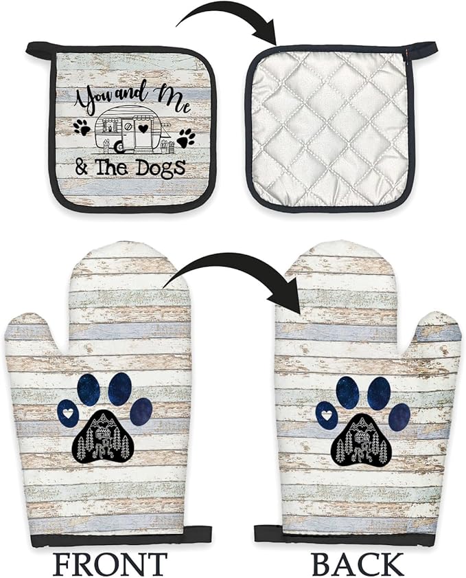 Camper Dog Lover Gifts Oven Mitts and Pot Holders Sets, Gifts for Camping Dog Lovers Kitchen Accessories Sets, Camping Dog Themed Heat Resistant Oven Glove Potholders for Rv Kitchen Cooking BBQ