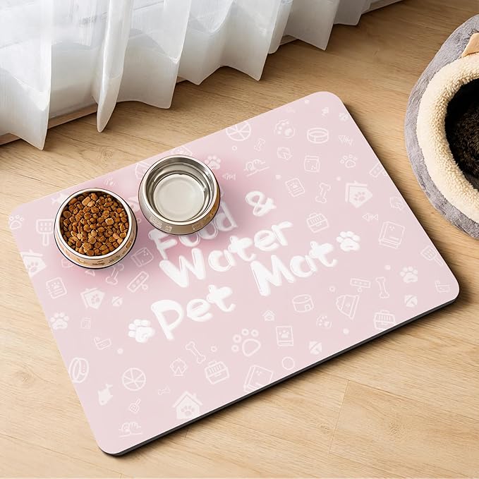Pet Feeding Mat,Dog Cat Mat for Food and Water,Dog Bowl Waterproof Placemat with Rubber Backing,Absorbent Quick Dry Water Dispenser Mat for Pet（Pink 17"×29"）