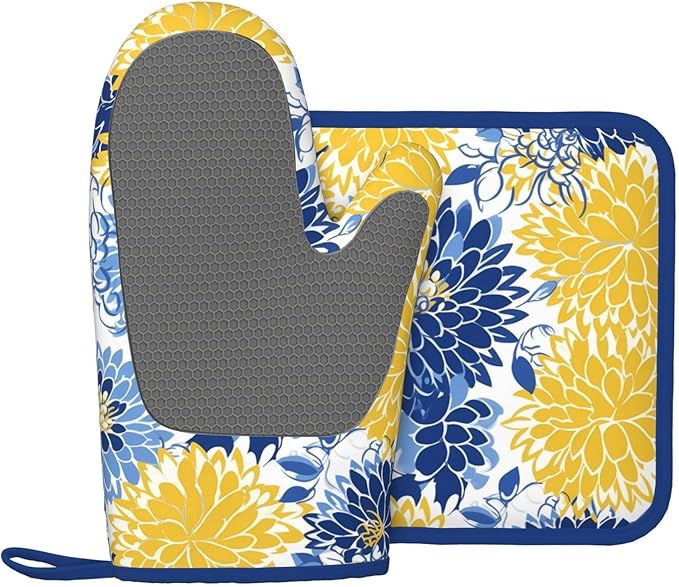 Oven Mitts and Potholders Watercolor Blue and Yellow Flowers Silicone Glove Heat Resistant, Kitchen Gloves for Cooking, 2-Piece Set