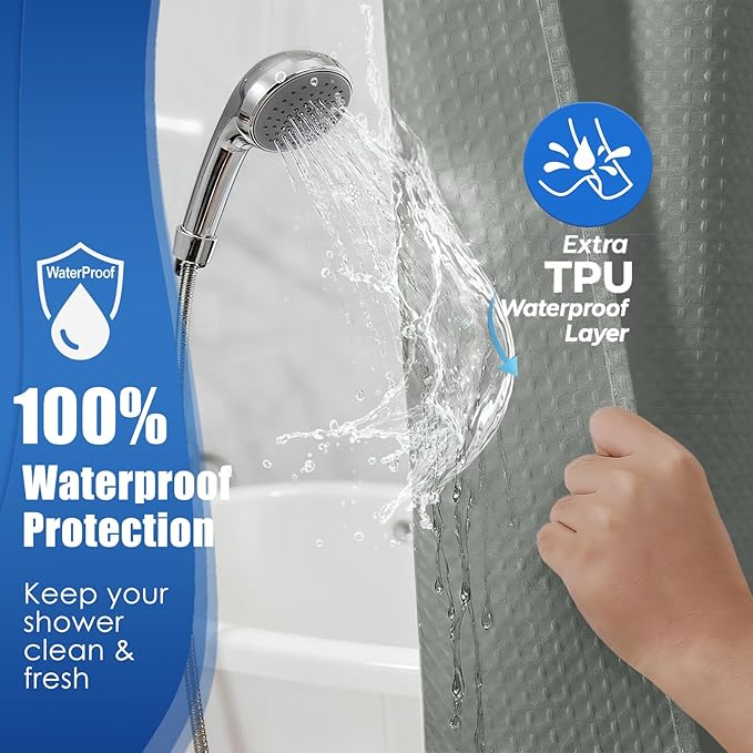 Zemyovia Waterproof No Hooks Waffle Shower Curtain, 260GSM Heavy Duty Fabric, with 10 Durable Split Grommets, Luxury Hotel Spa Style for Bathroom, Machine Washable, 74 x 72 Standard Size, Grey