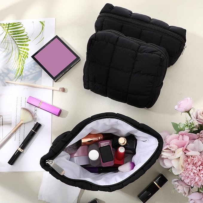 Huhumy 3 Pcs Puffy Makeup Bag Quilted Cosmetic Pouch for Women Cute Checkered Travel Toiletry Bag Puffer Makeup Organizer Purse Pouch Preppy Pencil Case with Zipper