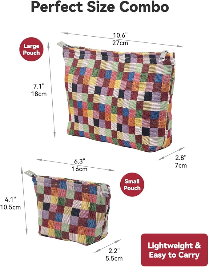 fahombag 2 Pcs Checkered Makeup Bag Set Canvas Cosmetic Pouch for Women Large & Small Cute Preppy Aesthetic Travel Toiletry Pouch Organizer for Purse Skincare Brushes, Multicolor