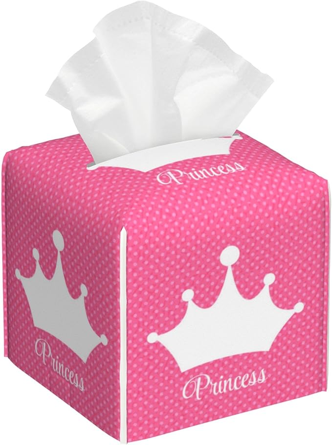 POIUBLE Leather Tissue Box Holder Pink Princess Crown Tissue Box Cover Square Waterproof Tissue Holder Organizer Modern Napkin Holder for Bedroom Dresser Night Stand Office Desk