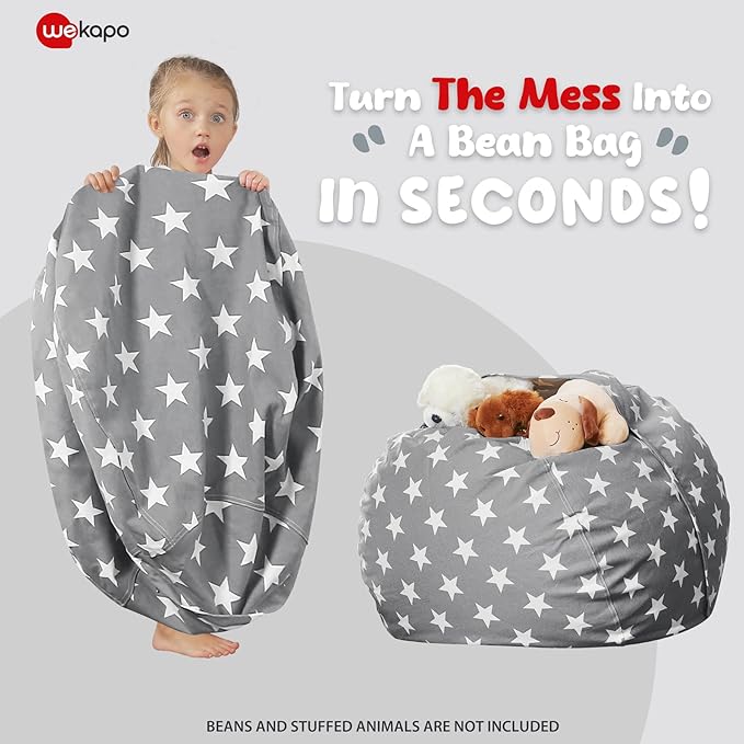 WEKAPO Stuffed Animal Storage Bean Bag Chair Cover for Kids | Stuffable Zipper Beanbag for Organizing Children Plush Toys Large Premium Cotton Canvas (Grey Star, XX-Large)