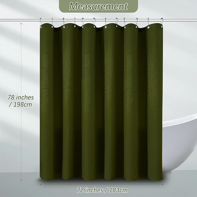 PANGSINNE Long Waffle Army Green Shower Curtain, Heavy Duty Fabric Shower Curtain with Waffle Weave Hotel Quality Bathroom Shower Curtains, 72 x 78 Inches