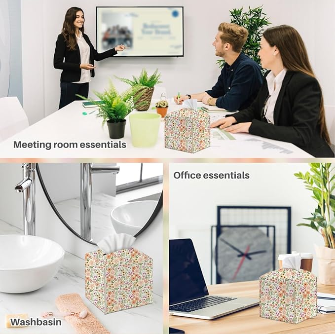 Tissue Box Cover, Tissue Box Holder, Square with Belt Bottom, PU Leather Decorative Organizer for Desk, Tabletop, Countertop Bathroom, Home Toilet Car, Office, Dresser Bedside, Aesthetic Floral Decor