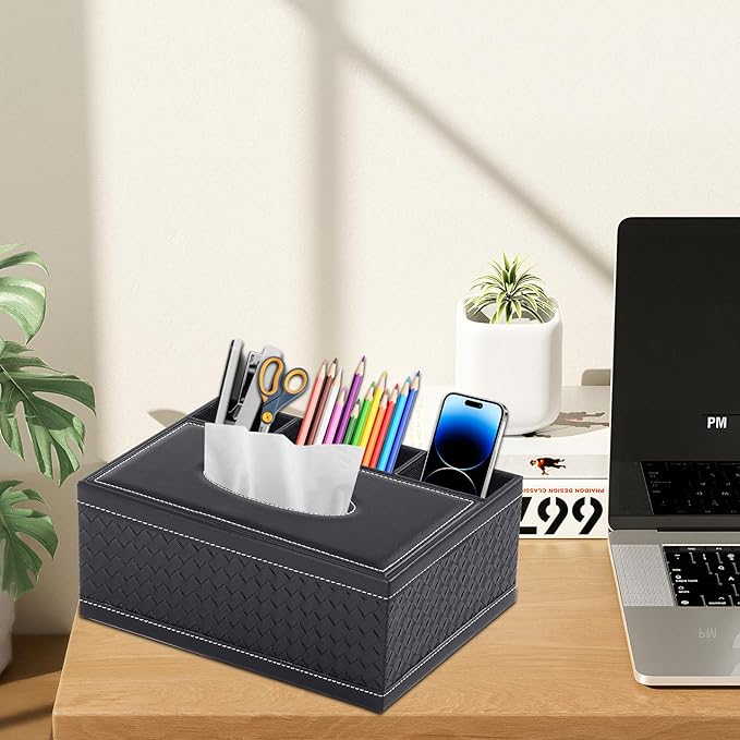 XNONE Tissue Box Cover Rectangle Black Tissue Box Holder PU Leather Facial Tissue Organizer,Multifunctional Remote Control Stationery Storage Box,Home Office Supplies Car Napkin Caddy