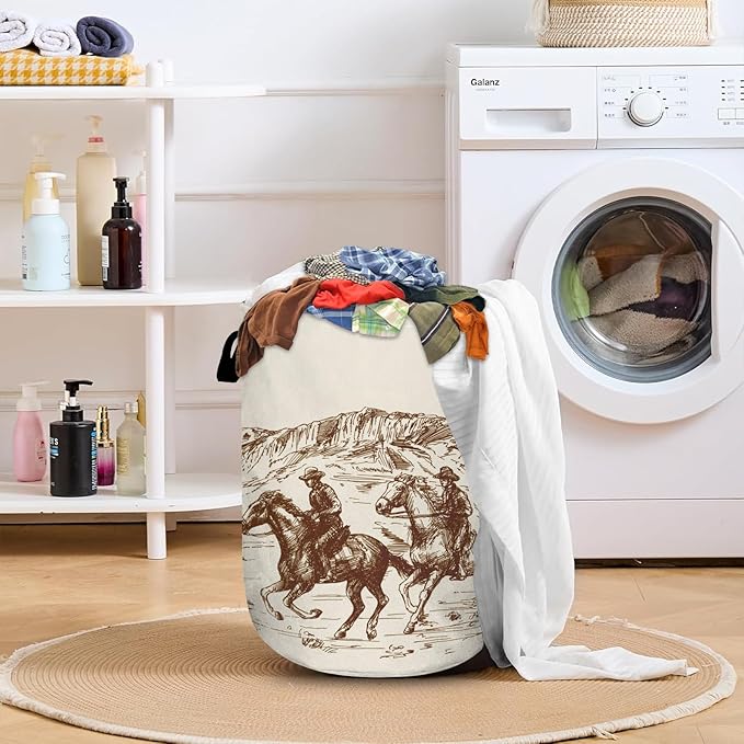 Western Desert Cowboy Laundry Basket with Sturdy Handles, Hand Drawn Collapsible Oxford Cloth Laundry Hamper Organizer Basket for Bathroom Bedroom 15.7x20 Inch