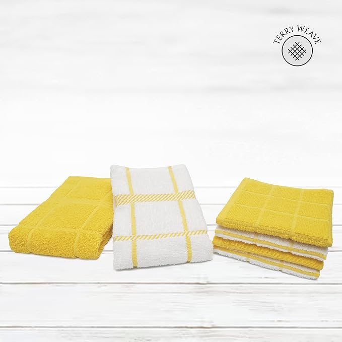 Mellow Buff 100% Cotton Terry Dish Cloth & Dish Towel, 6 Pack, Super Soft and Absorbent Kitchen Towels, Perfect for Kitchen Cleaning and Dish Washing (Yellow (DT and DC Combo))