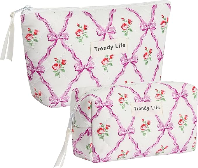 HAOGUAGUA 2 Pieces Makeup Bag, Small Large Quilted Cosmetic Bag, Travel Floral Make Up Toiletry Organizer Bag for Women Girls (2PCS STYLE A-4)